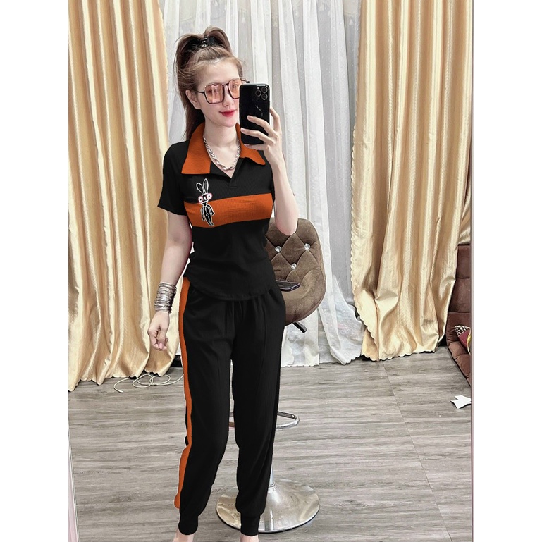 Set Đồ Thun Gân Cổ Bẻ Dáng Thể Thao Nữ - Phối Màu Đơn Giản - Logo Thêu - SP Y Hình