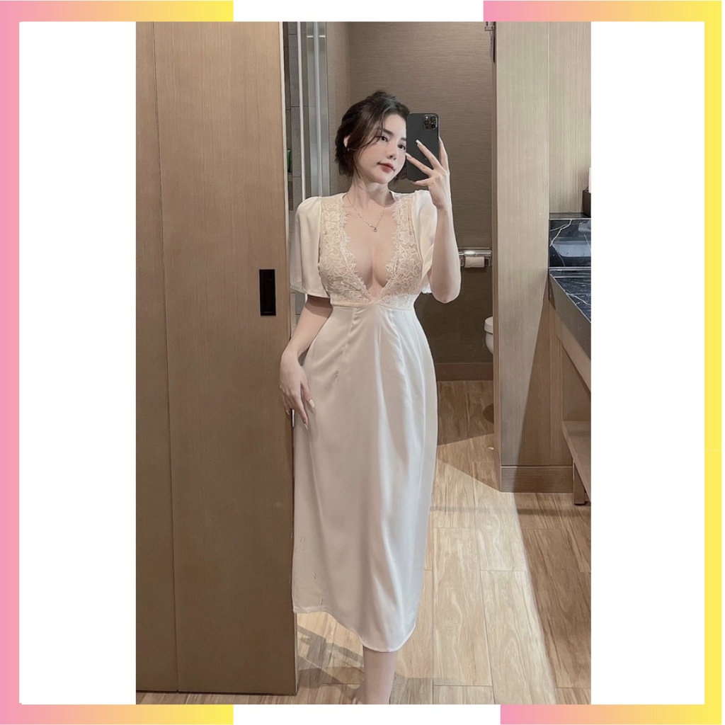 Đầm ngủ nữ tay ngắn, váy sexy phối ren chất Lụa Latin rất Sang mà lại tự tin quyến rũ Freesize