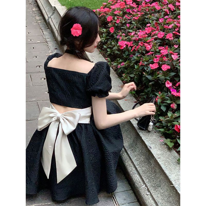 Váy babydoll đâm babydoll đâm du tiec Đầm Chữ a Tay Ngắn Phồng Thắt Nơ Nhỏ Phong Cách Pháp Ngọt Ngào Thời Trang Mùa Hè Mới Dành Cho Bạn Nữ