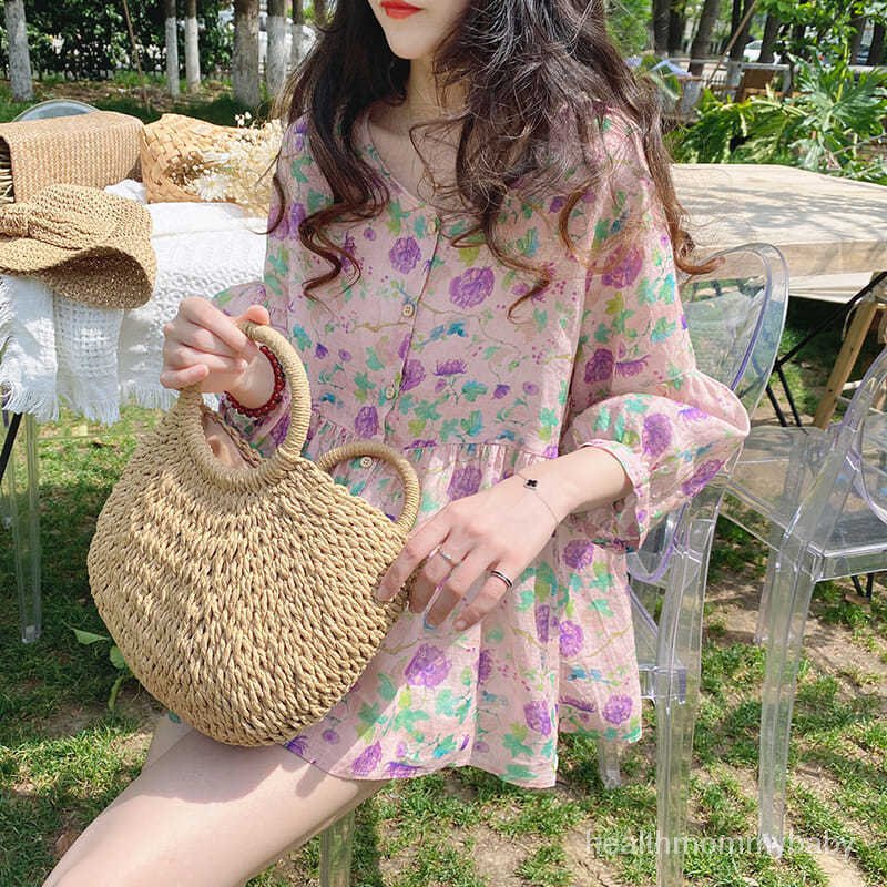 Trang Phục Bà Bầu Áo Sơ Mi Áo Sơ Mi Kiểu Hàn Lỏng Lẻo Đi Lại Retro Ngọt Ngào Áo Phồng Tay Áo