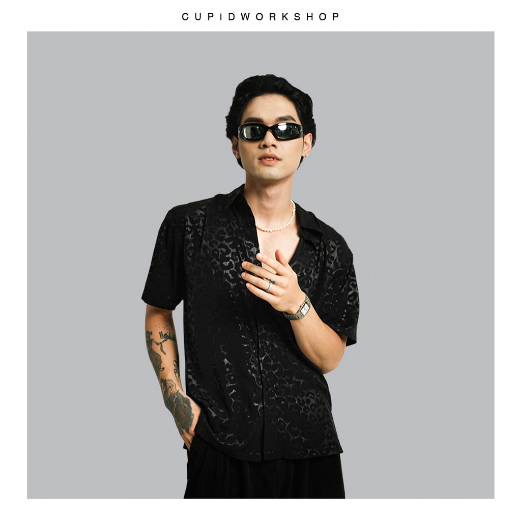 Áo sơ mi Sono L'unico Tinyriot/Black - Áo sơ mi cộc tay cổ đức màu đen, vải thoáng mát, form regular, hoạ tiết đốm đen