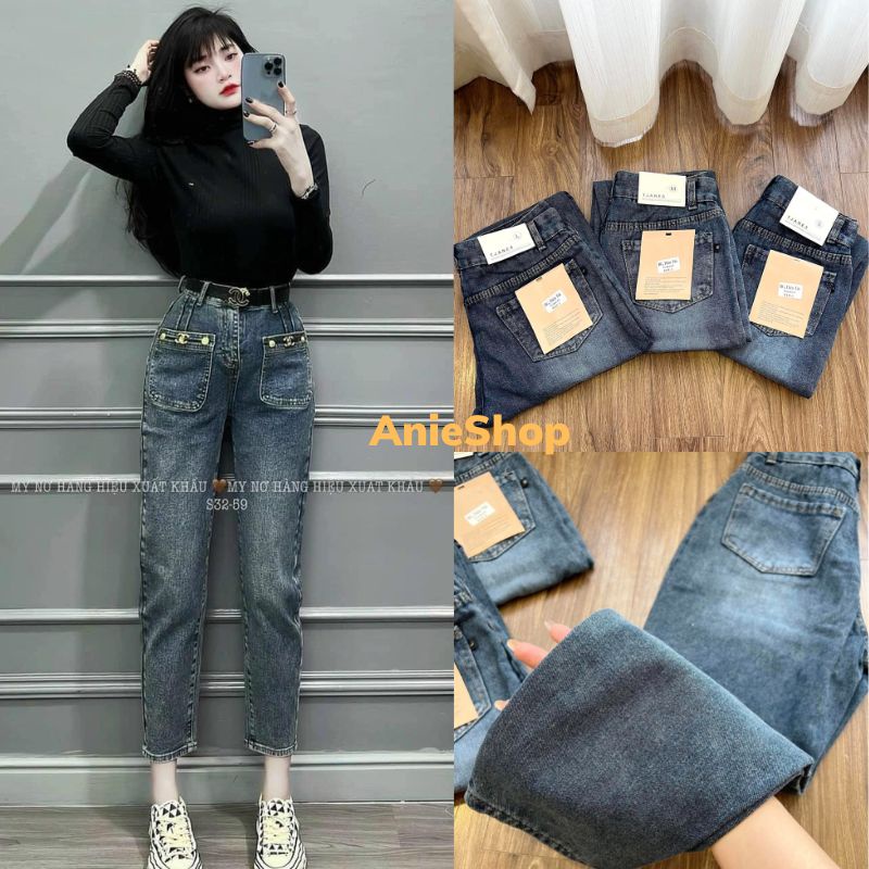 Quần Bò Nữ Nắp Túi Trước GG, Quần Baggy Jean Nữ Lưng Cao Phong Cách, Cạp Quần Cao Vừa Phải Chất Đẹp ANIESHOP688