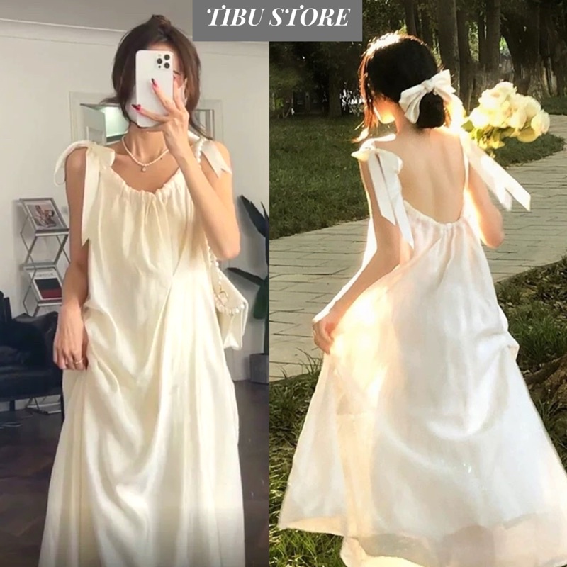 Đầm Nữ 2 Dây Lụa Bản To Buộc Nơ TIBU Váy Nữ Babydoll Trơn Dáng Dài Maxi Đi Chơi Biển Chụp Kỷ Yếu