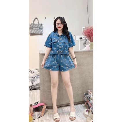 Set áo sơmi jean gấu nhỏ phối quần đùi siêu xinh