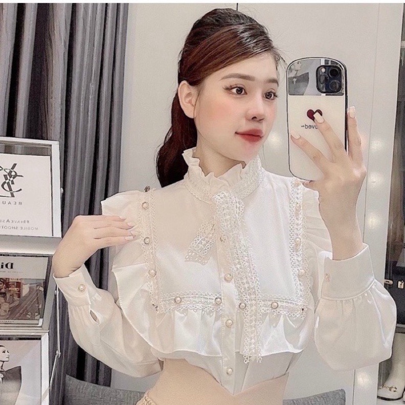 Áo sơ mi nữ - Áo sơ mi kiểu phối nơ điệu đà - tiểu thư sang chảnh mặc đi làm, đi học nội y xanh - chất mát