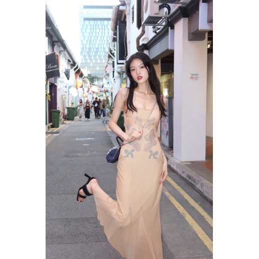 đầm dài hai dây voan xoè đuôi cá