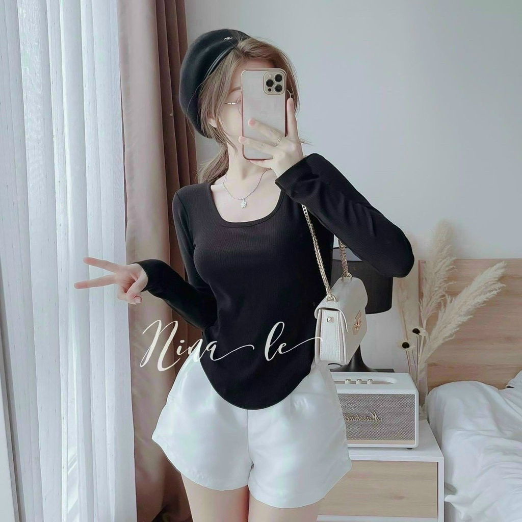 Áo thun body dài tay cổ vuông vạt bầu chất thun gân