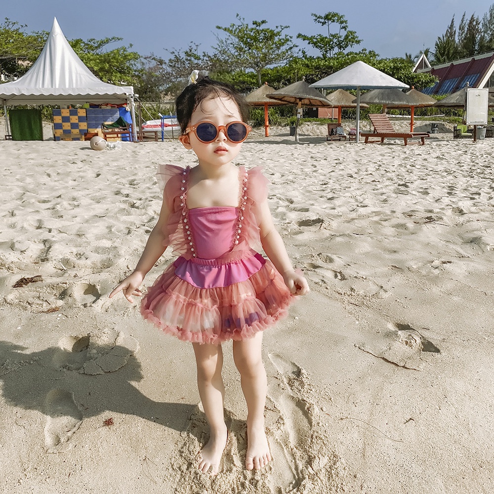 Bộ bơi bé gái bikini liền thân cho bé chân váy xòe kết hợp đồ bơi một mảnh viền ren cực xinh chất liệu lycra nhanh khô