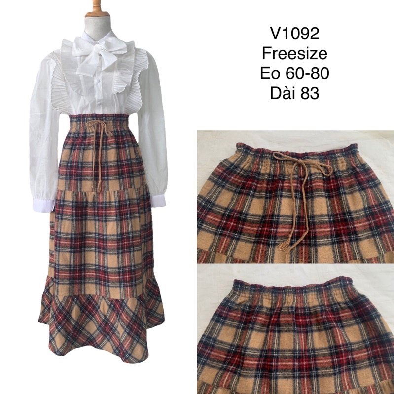 Chân váy suông V1092 form xoè ghép tầng caro dáng dài cạp chun rút dây co giãn chất dạ lông 2hand Nhật si tuyển ảnh thật