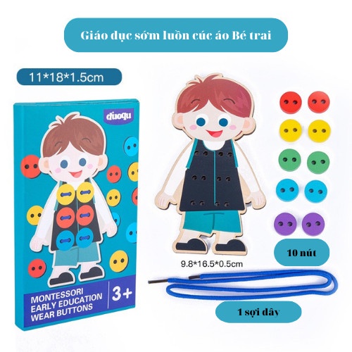 Bộ đồ chơi xâu cúc áo, buộc dây giày cho bé Ankids. Thiết bị mầm non bằng gỗ cho trẻ em phát triển kỹ năng.