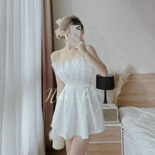 Đầm gấm xòe 2 dây đính ngọc mặc đi chơi, event... đều xinh.