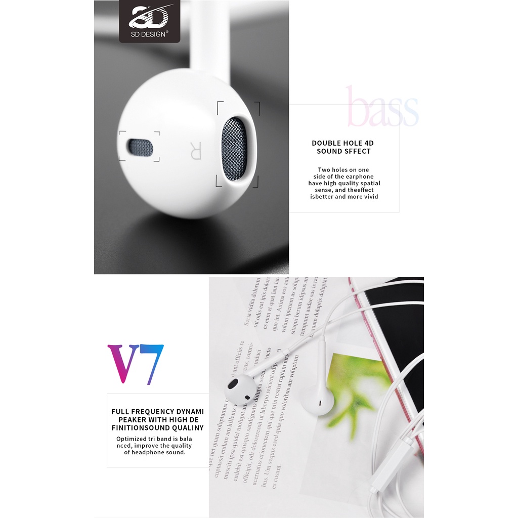 Tai nghe nhét tai SD - V7 nghe hay có mic đàm thoại, dây dài 1.2m, Jack cắm 3.5mm