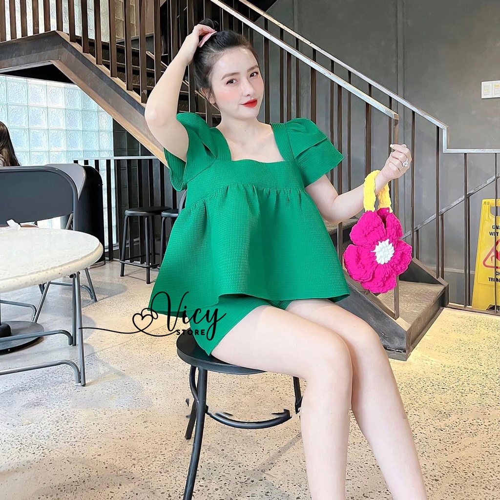 Set đồ nữ đi chơi áo babydoll quần short chất dạ xước, Set bộ dể thương Vicy SBO004