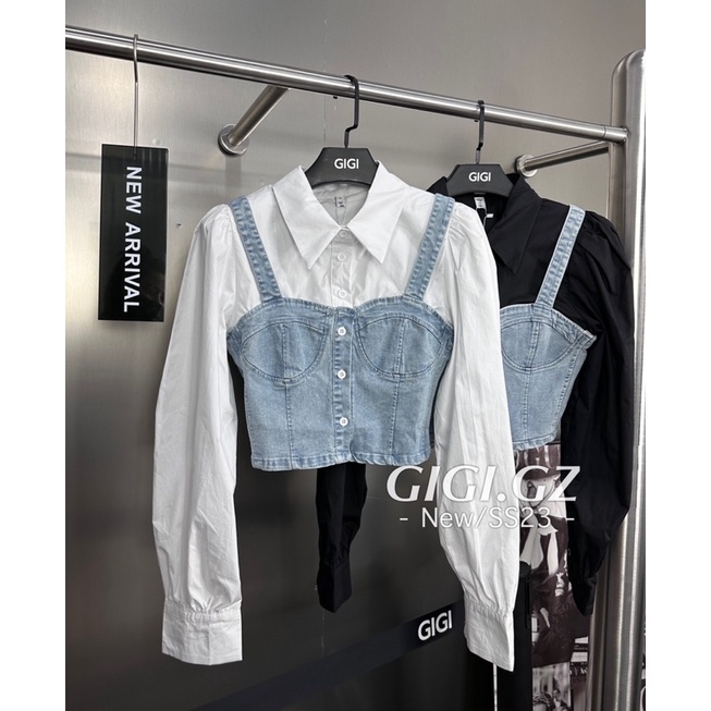 Áo sơ mi mix cúp ngực jeans hàng QC cao cấp