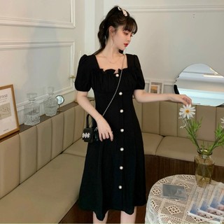 Đầm cổ vuông nút ngọc 2 màu