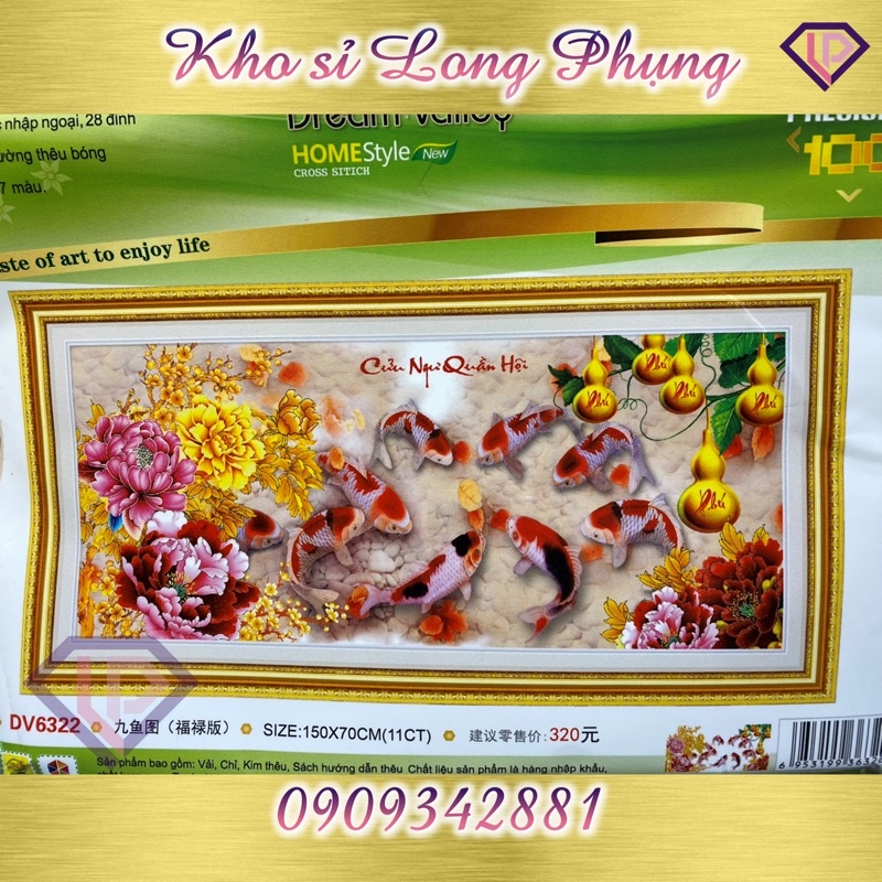 Tranh Thêu Chữ Thập Cao Cấp Dream Valley CÁ CHÉP CỬU NGƯ QUẦN TỤ mẫu mới DV6322 :1m5x70 cm( chưa thêu)