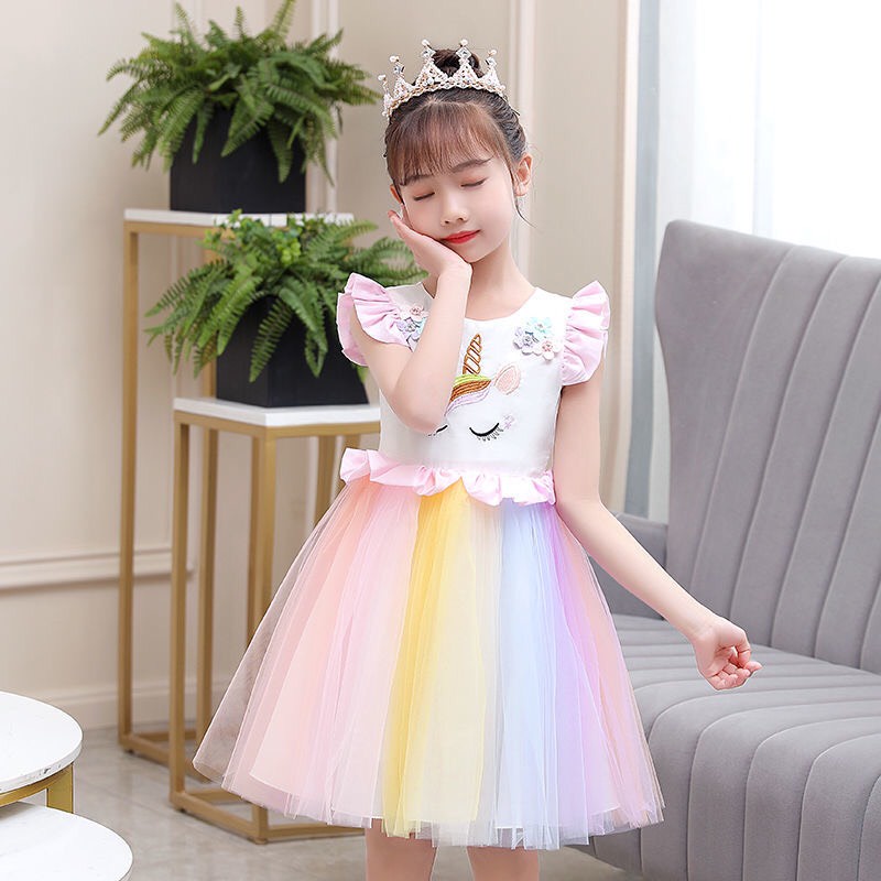 Váy đầm hoạ tiết và ren lưới cầu vồng cho bé gái. Mã hàng: NK0046