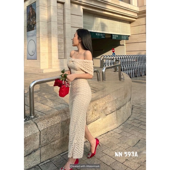 Set váy ren ngực nơ trễ vai dáng dài siêu xinh