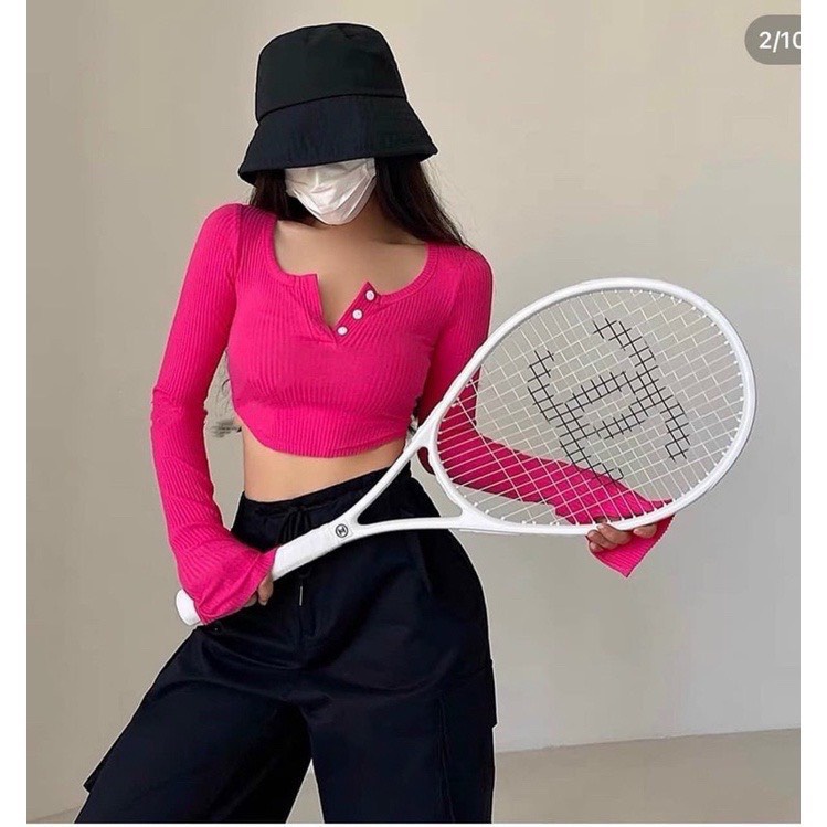 Áo kiểu vạt bầu tay dài loe xẻ cổ vuông cài nút xinh xinh , chất thun gân dày dặn mềm mát