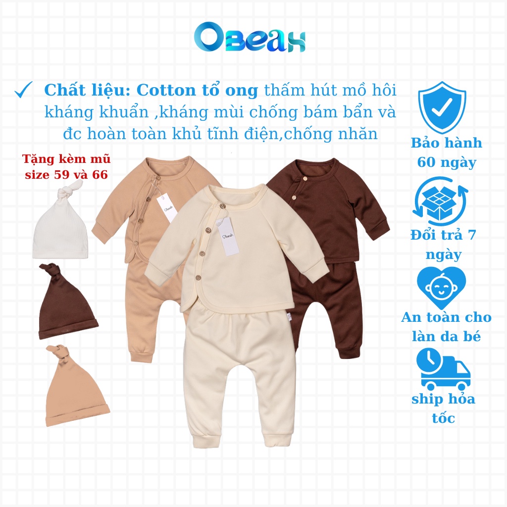 Bộ thu đông bé trai vạt chéo kèm mũ OBEAH chất liệu cotton thoải mái cho