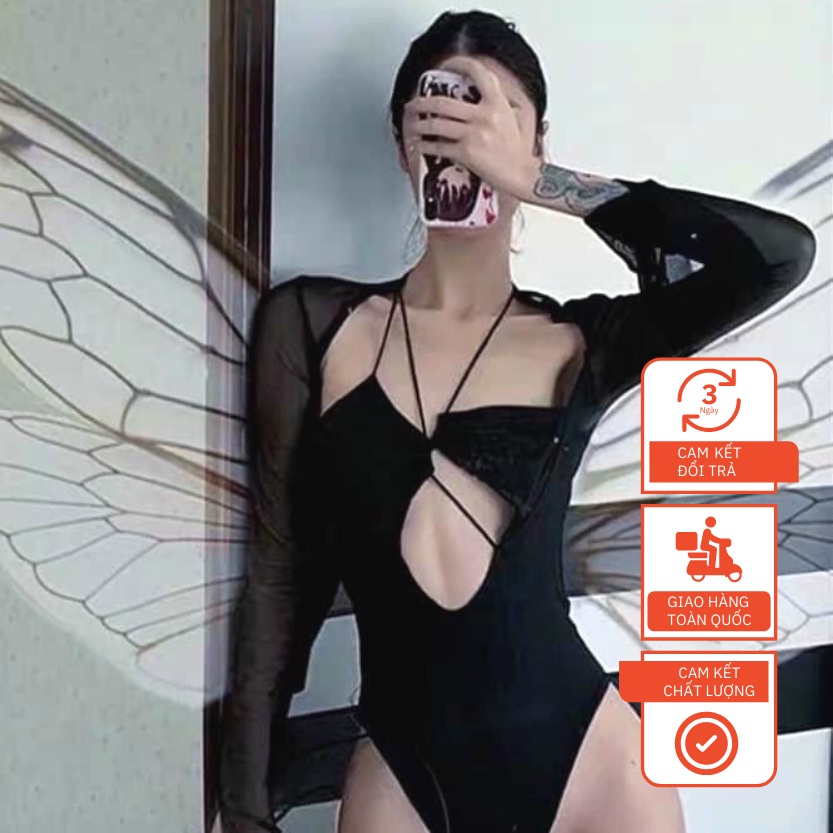 Đồ Bơi Nữ Dài Tay Lưới Đen Kèm Áo Bodysuit Phối Dây
