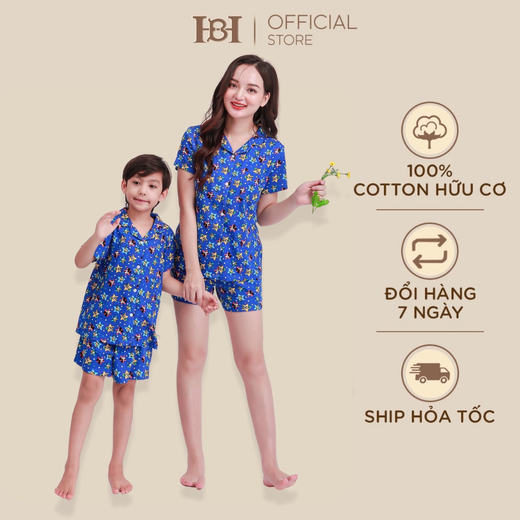 Bộ Quần Áo Pyjama Hapiibabii Tay Ngắn, Vải Cotton Organic, Hoạ Tiết Ngộ Nghĩnh Cho Bé mặc mùa hè hình Mickey (1-10 Tuổi)