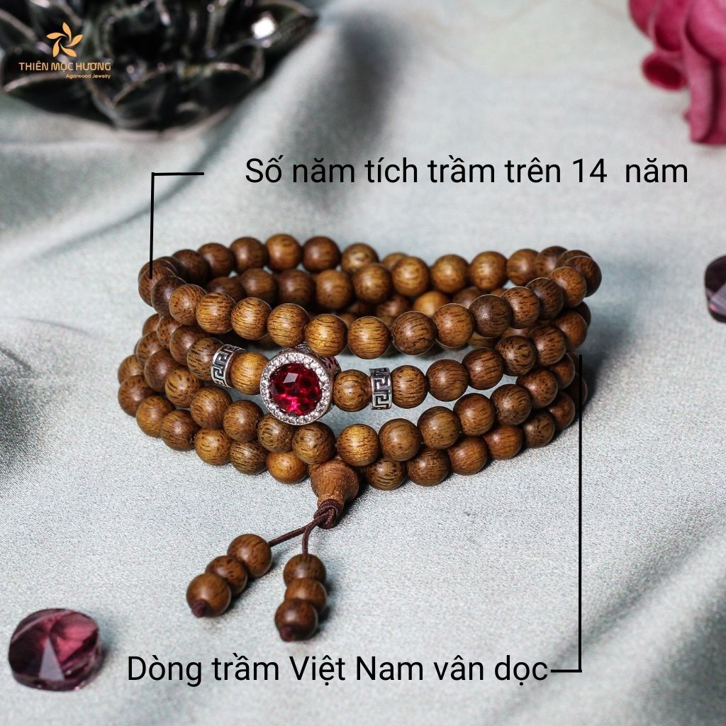 Vòng tay trầm hương 108 hạt Minh Nguyệt Việt Nam vân dọc Thiên Mộc Hương, trầm tốc tự nhiên, thành công, hạnh phúc