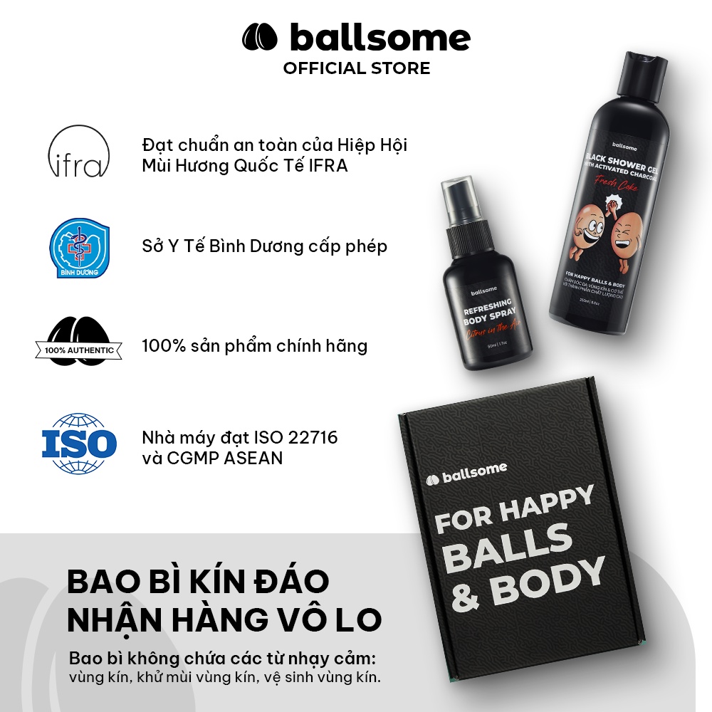 Bộ Quà Tặng Nam Giới FOR HAPPY BALLS & BODY Ballsome - Gel Tắm Than Hoạt Tính & Xịt Thơm Toàn Thân Hương Nước Hoa