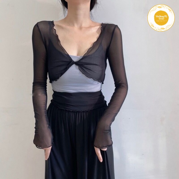 Áo Thun Lưới Nữ Ngắn Tay Dài Cổ Chữ V Xuyên Thấu Sexy| Áo crop top nữ cổ chữ V tay dài có nút xoắn phía trước