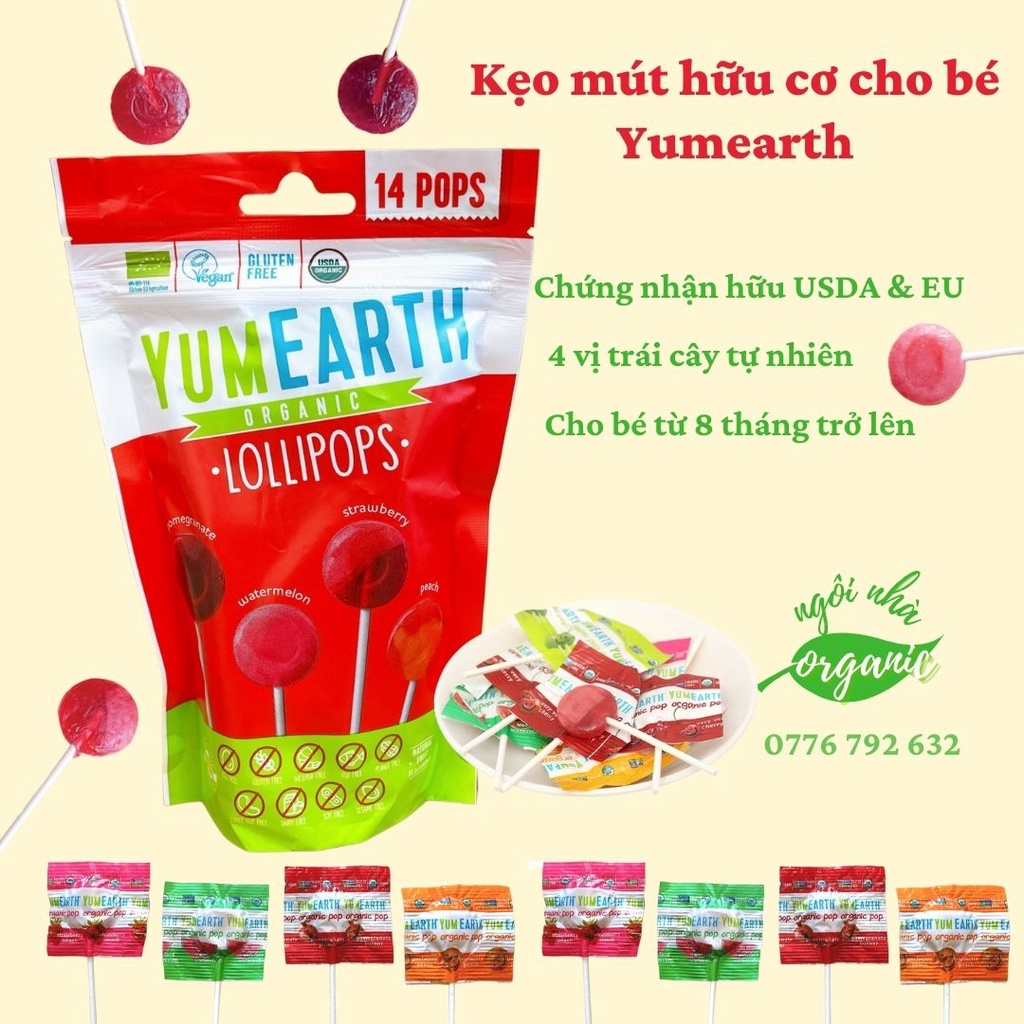 Kẹo dẻo/kẹo mút hữu cơ cho bé vị trái cây Yumearth Organic