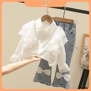 Set áo sơ mi trắng phong cách ins mới 2023 phối ren + quần jean đính nơ cho trẻ em