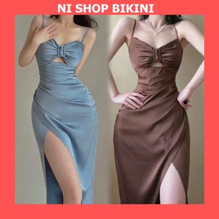 Váy hai dây body lụa xẻ tà nâu tây hàng cao cấp (ảnh thật số 2,3)