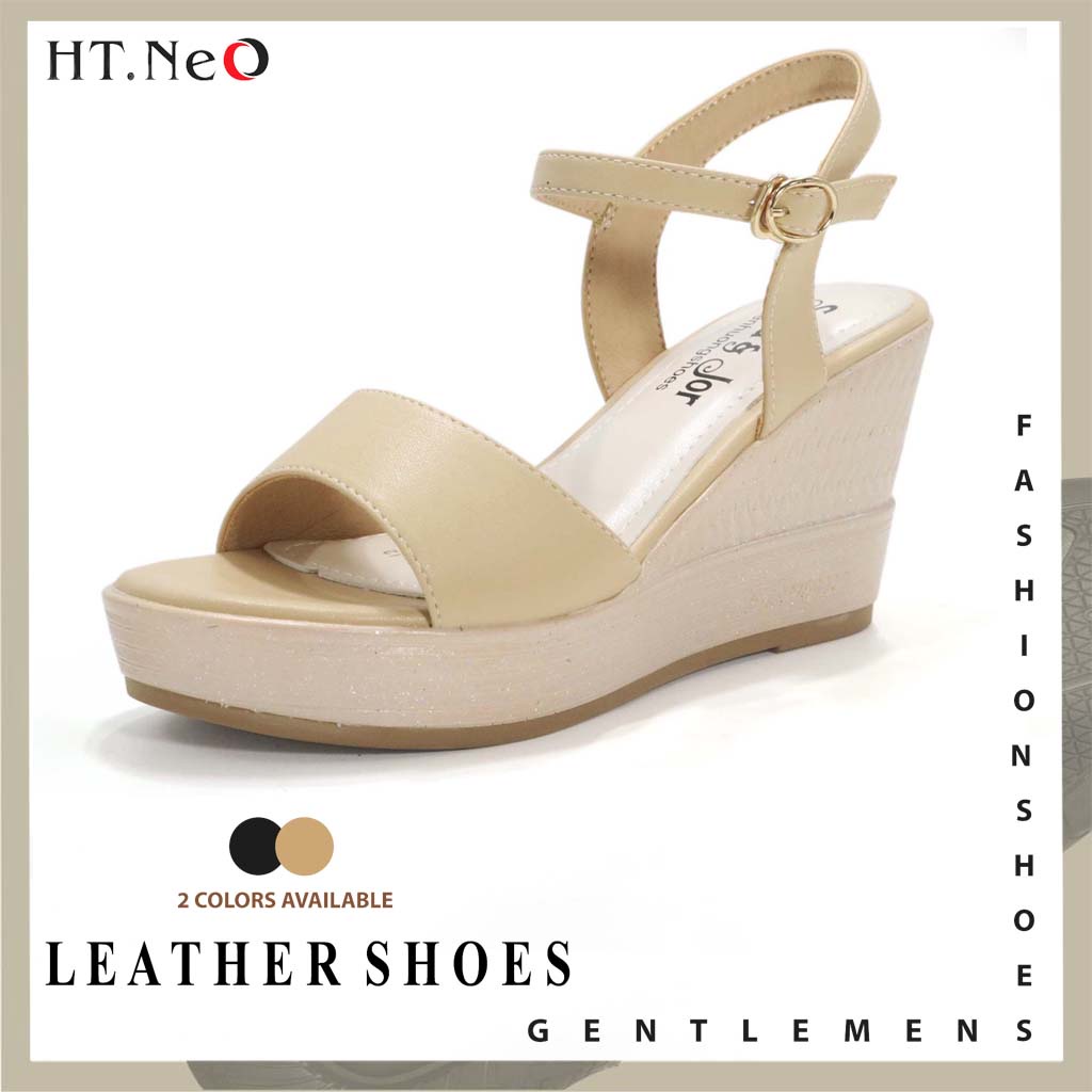 Sandal đế xuồng 8cm HT.NeO . Giày da nữ quai hậu cao 2 đế chắc chân ,2 quai bản to thanh lịch thoáng mát điệu đà 9134