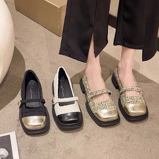 Giày Mary Jane phong cách của Hepburn giày nữ mùa xuân và mùa thu 2023 giày da nhẹ nhàng phối tweed lấp lánh ✨✨✨