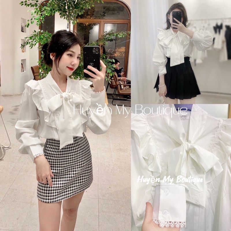 Áo Sơ Mi Nữ Trắng Bèo Tay Dài Phồng Pha Ren Cổ Thắt Nơ phong cách Hàn Quốc