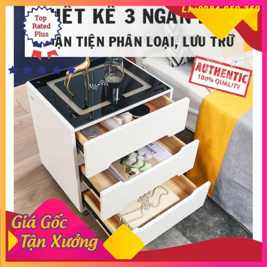 Tủ đầu giường 3 ngăn thông minh có đèn led 3 màu ánh sáng,tích hợp cảm ứng sạc điện thoại ko dây thông minh