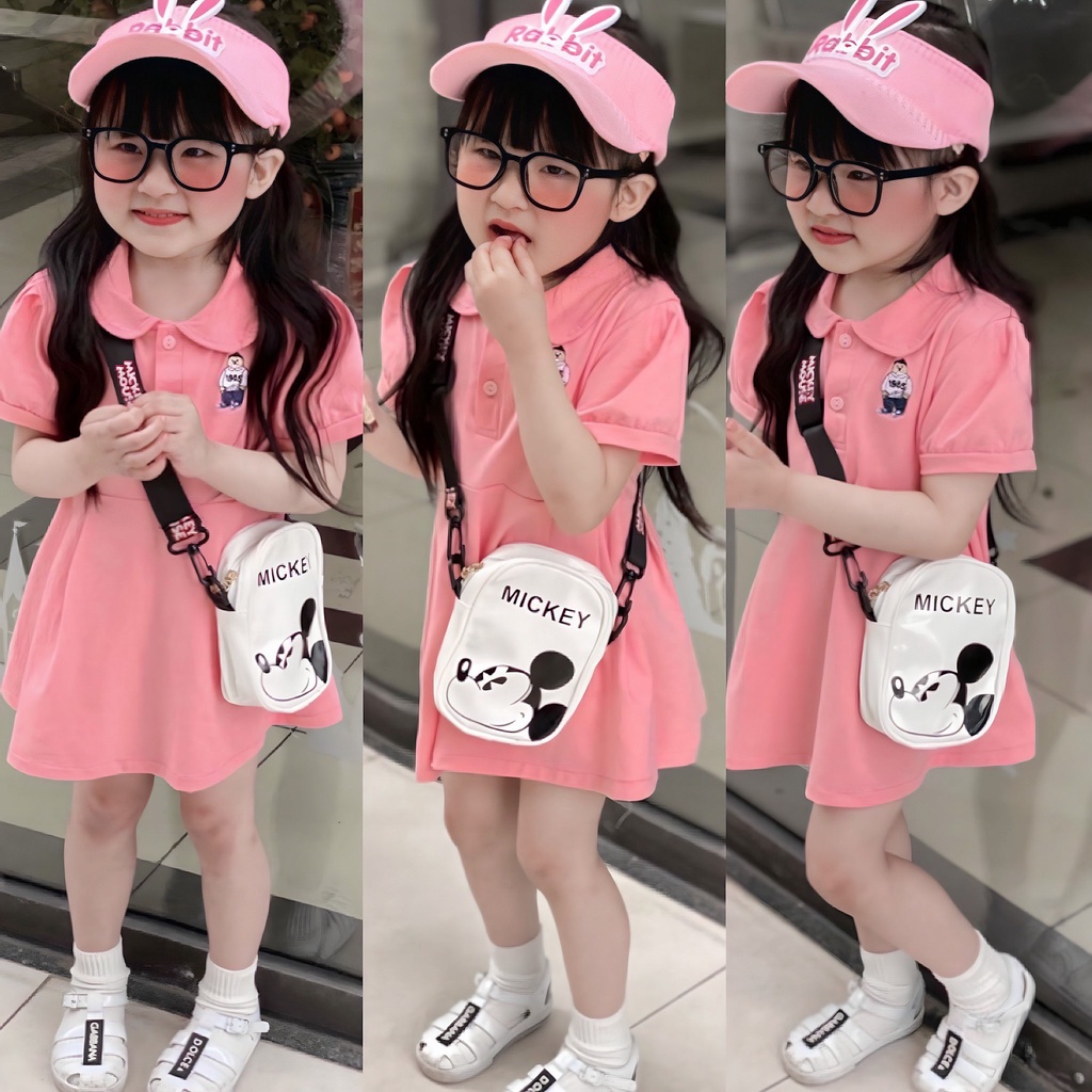 BÁN SỈ SET 2 VÁY BÉ GÁI CỔ SEN TRẮNG HỒNG THÊU GẤU