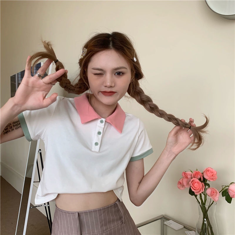 Jiashucheng Áo Croptop Tay Ngắn Eo Cao Màu Hồng Thời Trang Mùa Hè Phong Cách Mới Cho Nữ