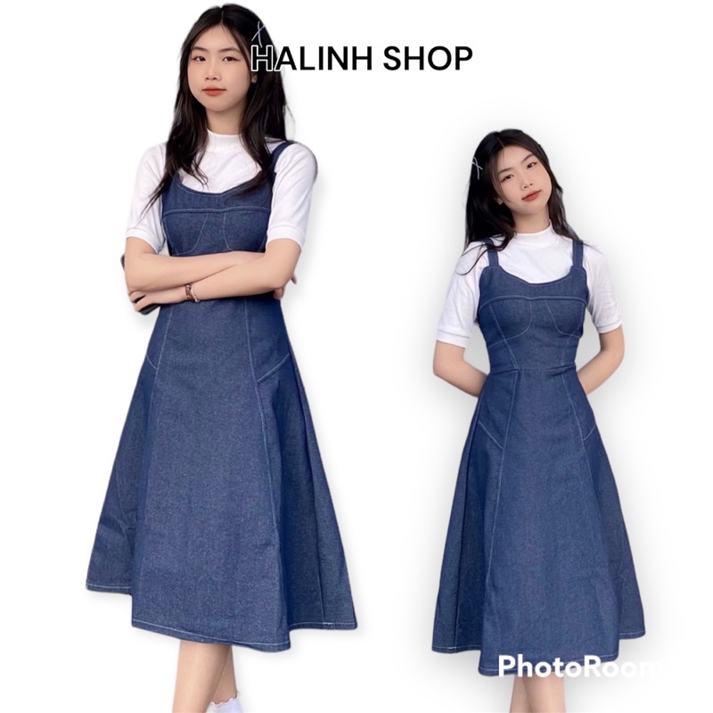 Set Váy Yếm Nữ Denim Kèm Áo - Halinh Shop - Yếm 2 Dây Bò Mềm Chun Sau Dáng Xoè Dài Kèm Áo Crt Cổ Cao Bozip Hàn Quốc S M