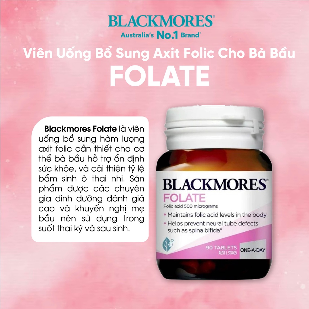 Viên uống dị tật thai nhi Blackmores Folate 500mcg 90 viên của Úc