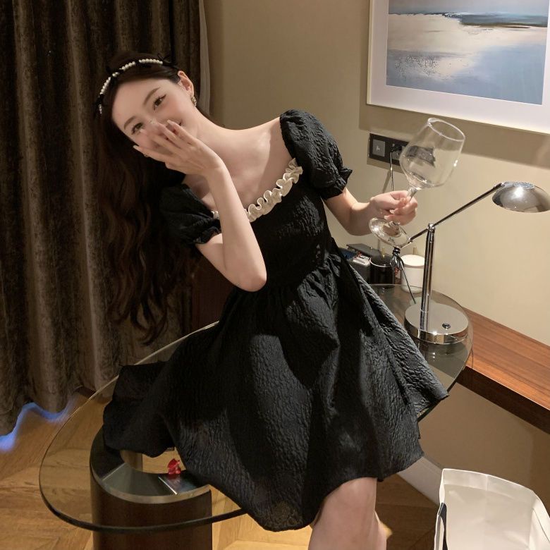 Đầm Ngắn Tay Phồng Thắt Nơ Nhấn Eo Màu Đen Phong Cách Pháp Thời Trang Mùa Hè Cho Nữ