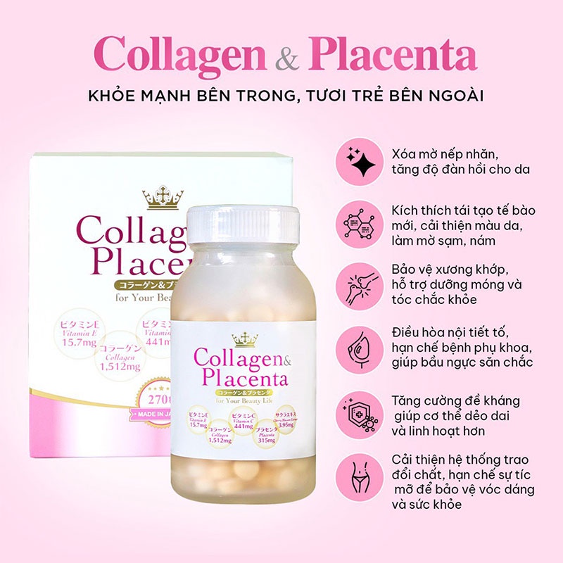 Viên uống Dưỡng trắng da Collagen &amp; Placenta 5 in 1 Nhật Bản 270 viên - Viên uống Collagen Placenta Nhật Bản