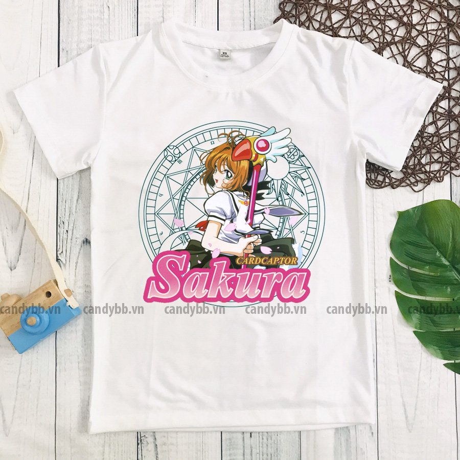 Áo thun trắng bé gái bé trai in hình Sakura Thủ lĩnh thẻ bài nhiều mẫu từ 10kg đến 65kg, áo phông trẻ em mềm mịn