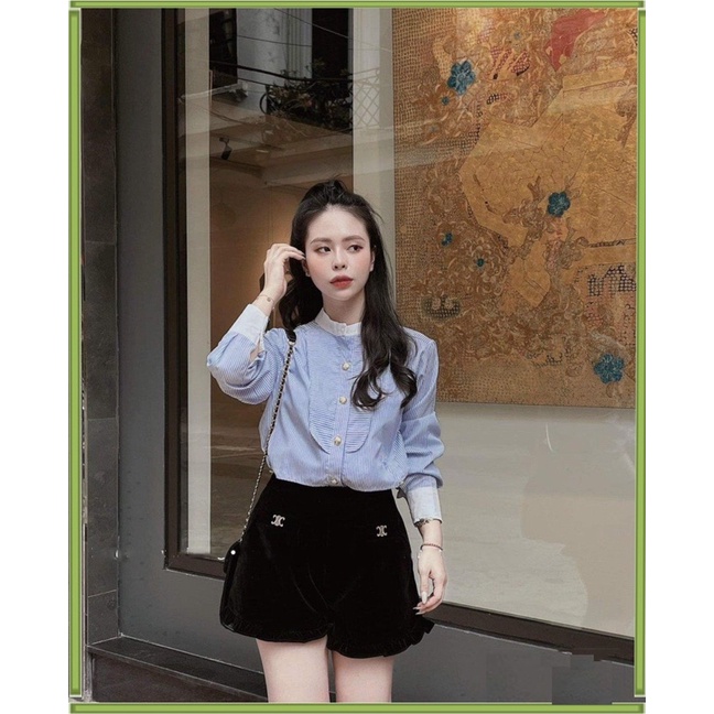 Áo sơ mi nữ kẻ xanh phối cổ tay, áo sơ mi dài tay phong cách trẻ trung, hàn quốc SRH0410138