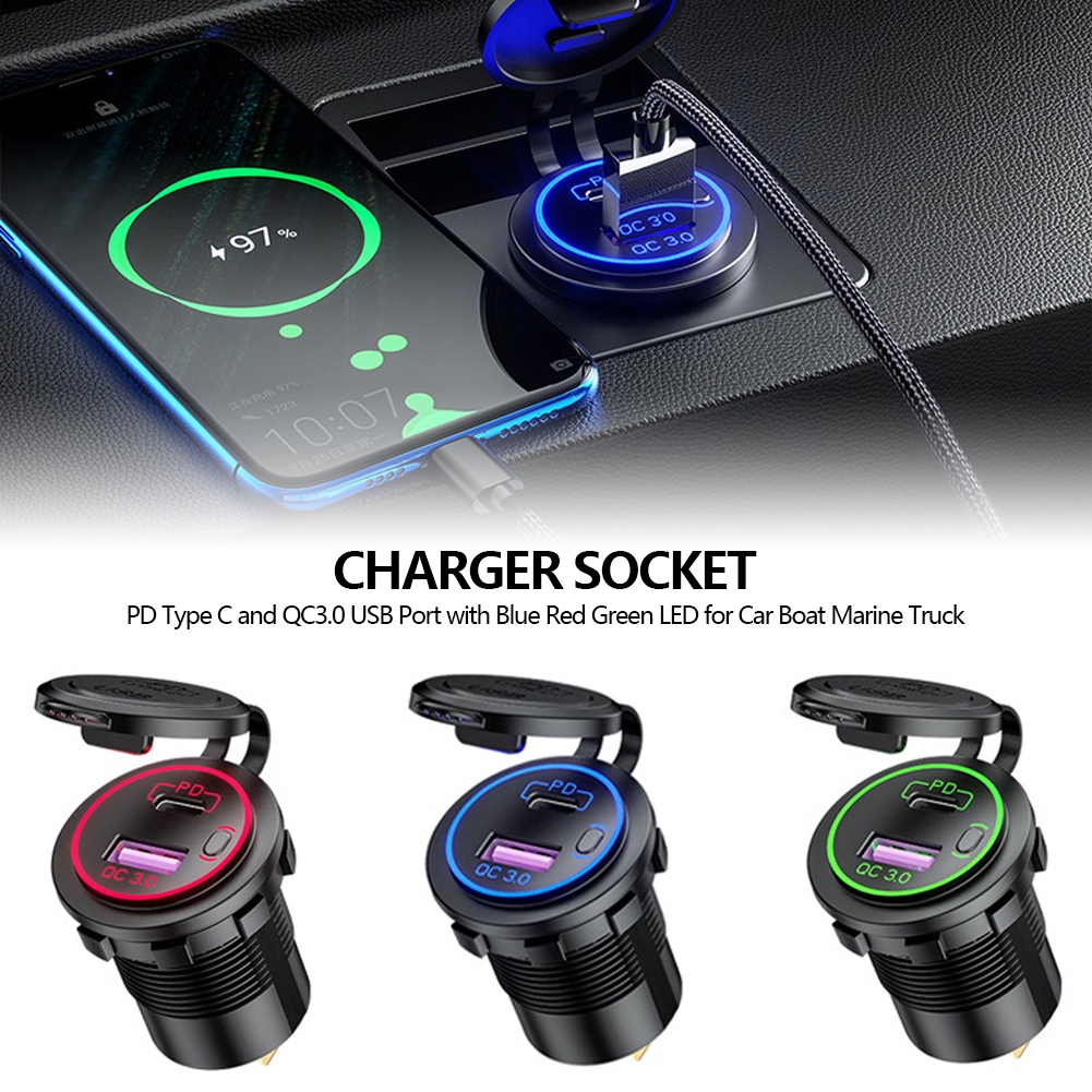 Ổ Cắm Sạc Nhanh Với 1 Cổng USB QC3.0 Và 1 Cổng PD Type C Kèm Công Tắc Bật Tắt Tiện Lợi Chuyên Dụng Cho Ô Tô