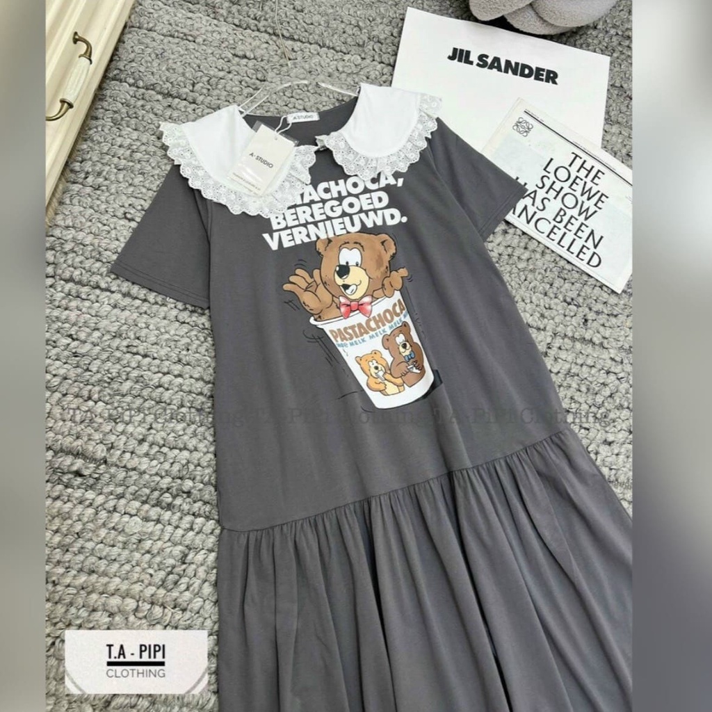 Đầm Bầu Cotton Cổ Ren Dáng Xuông Đuôi Cá, Váy Bầu Dáng Ngắn In Hình Dễ Thương HD2922 Honey Mommy