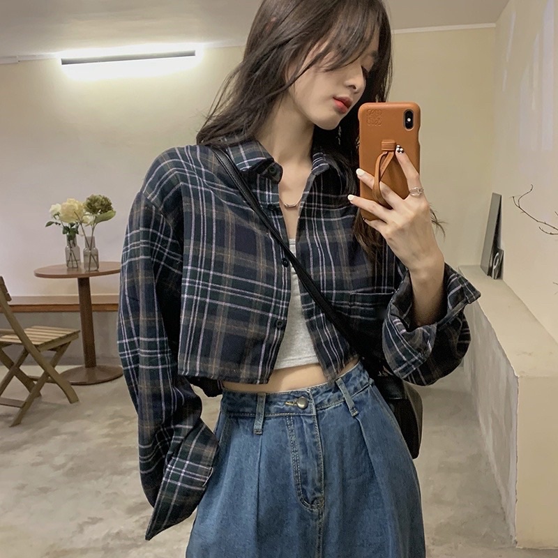 Pass nhanh Áo sơ mi caro croptop tay dài size S