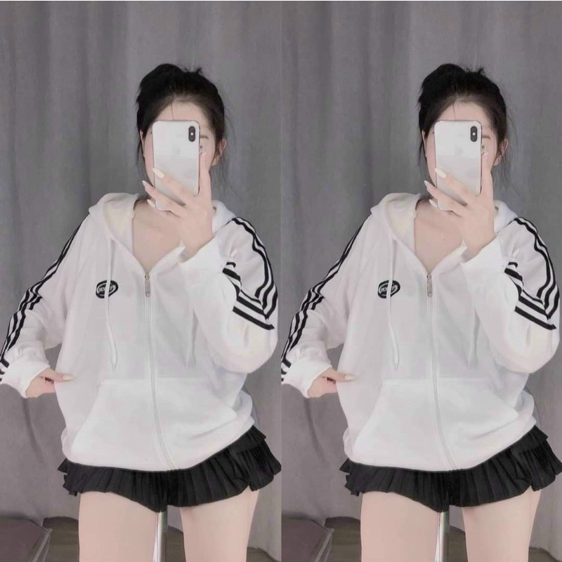 AK37_Áo Khoác Nỉ Nữ Unisex Phom Rộng Chạy Viền Tay 3 Sọc_Chất Nỉ Bông Ngoại Chất Lượng Dày Mịn Không Xù Lông