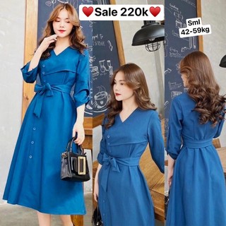 Đầm xanh giả măng tô phối cúc dáng xoè kèm đai sang chảnh sale