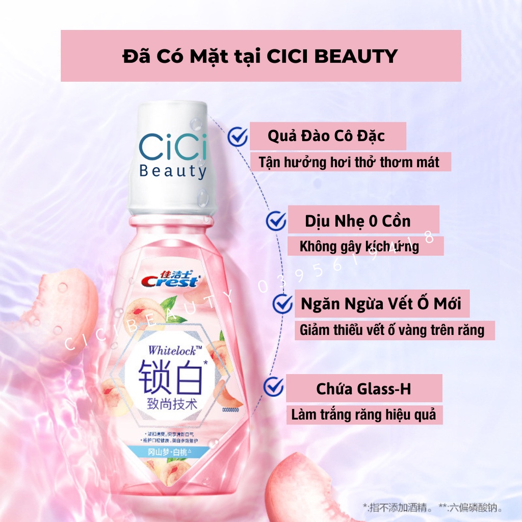 Nước súc miệng Crest vị quả đào cô đặc - Khoá trắng làm trắng răng cho hơi thở thơm mát